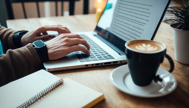 Una persona escribiendo en una computadora portátil con una taza de café y un libro sobre la mesa.