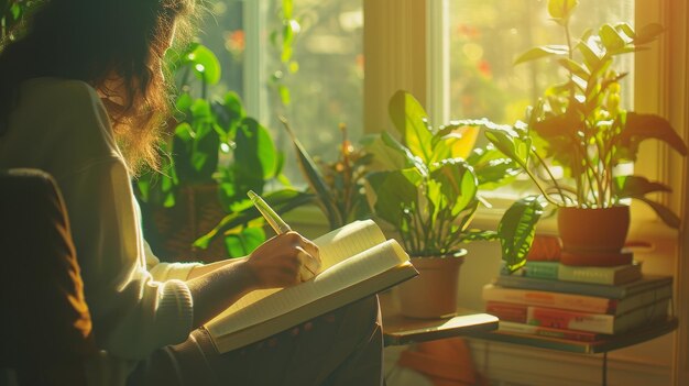 Persona escribiendo en un cuaderno rodeada de plantas interiores vibrantes con la luz del sol fluyendo a través de la ventana