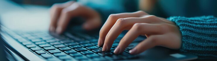 Una persona escribiendo en un elegante teclado de portátil mostrando manos enfocadas en un entorno acogedor iluminación suave mejora la atmósfera de concentración y productividad
