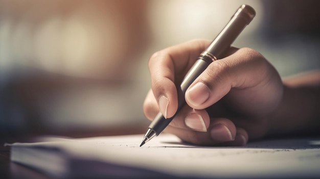 Una persona escribiendo en una hoja de papel con un bolígrafo.