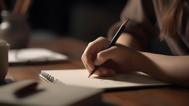 Una persona escribiendo en una hoja de papel con un lápiz.