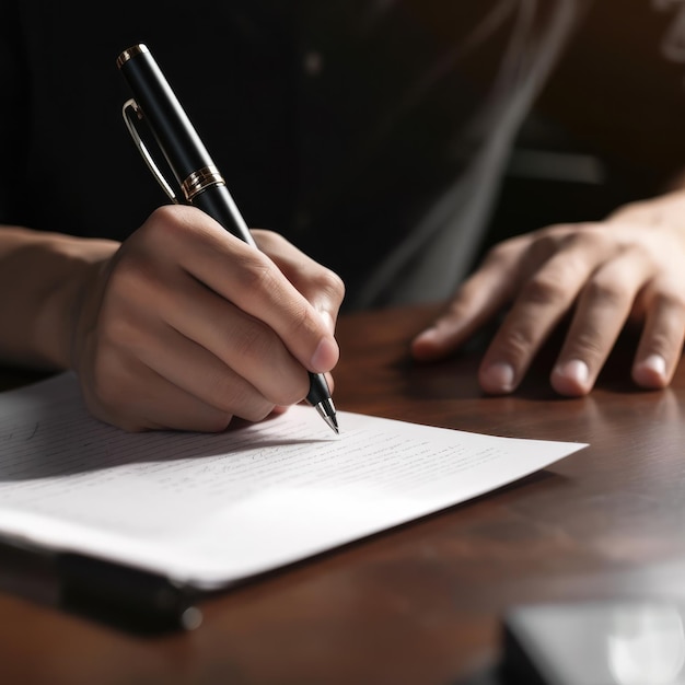 Una persona escribiendo en una hoja de papel.