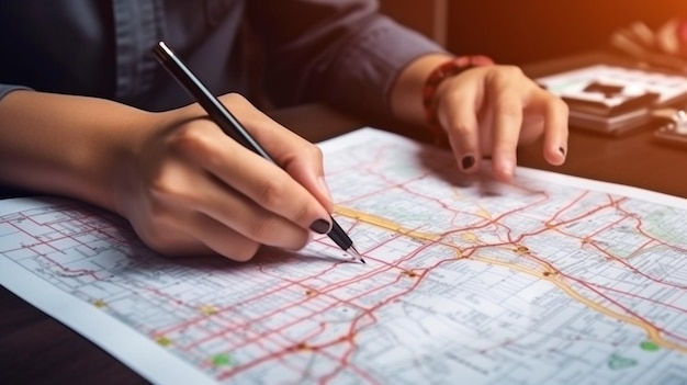 Foto una persona está escribiendo en un mapa con un bolígrafo.