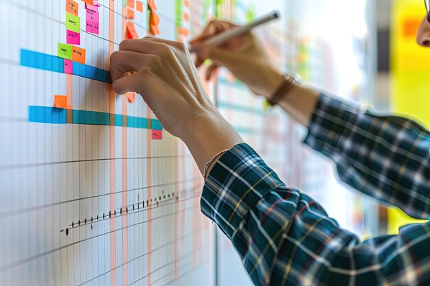 Una persona escribiendo en una pared con notas adhesivas