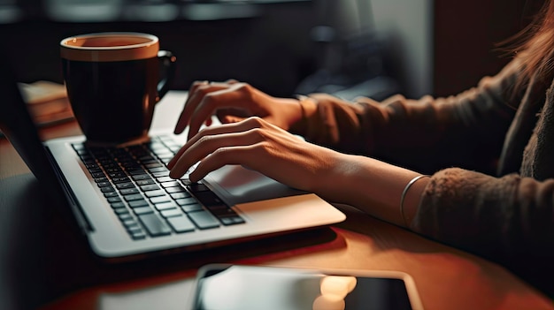 Una persona escribiendo en un portátil con una taza de café de fondo.