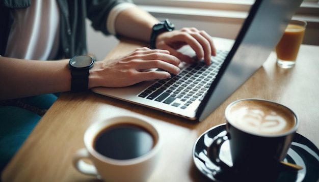 Una persona escribiendo en un portátil con una taza de café de fondo.