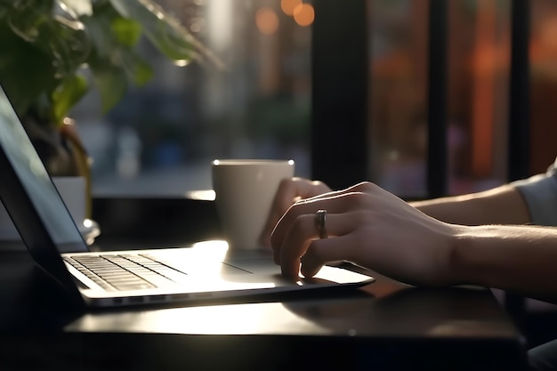 Una persona escribiendo en un portátil con una taza de café de fondo.