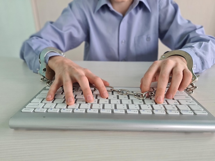 Foto persona escribiendo en el teclado mientras está esposada