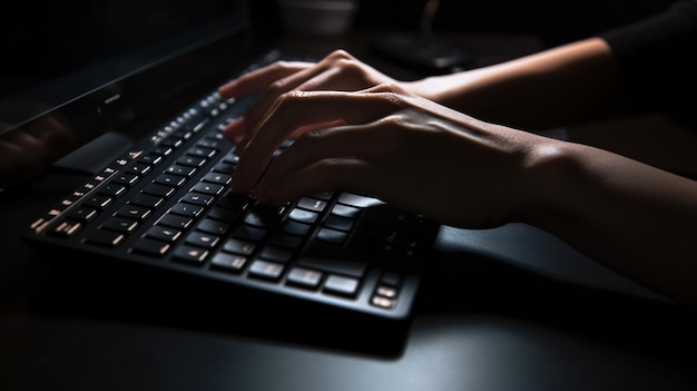 Una persona escribiendo en un teclado con la palabra computadora en el teclado.