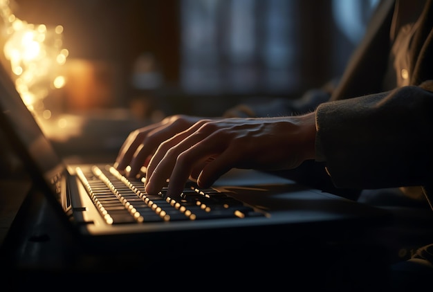 Una persona escribiendo en el teclado de un portátil en una habitación oscura.