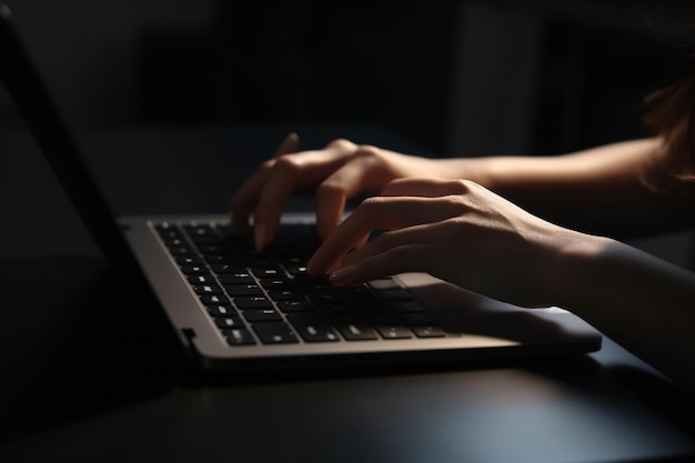 Una persona escribiendo en el teclado de un portátil en la oscuridad.