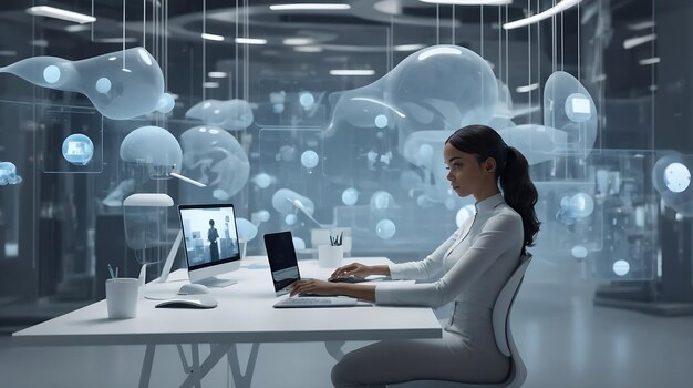 Persona del espacio de trabajo futurista que trabaja con pantallas flotantes