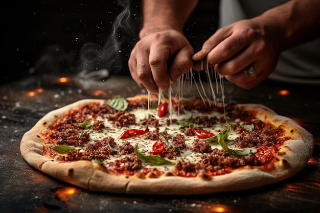 Una persona esparciendo escamas de chile rojo sobre una pizza de carne