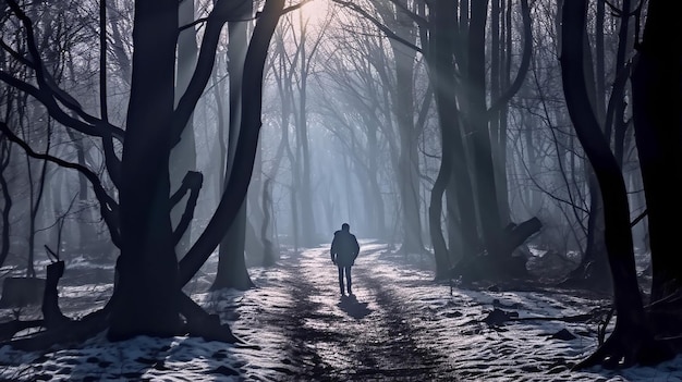 Una persona espeluznante caminando en el bosque oscuro en el fondo de la mañana de invierno