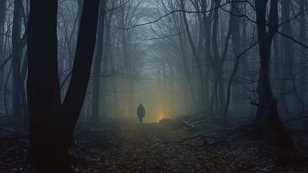 Una persona espeluznante caminando en el bosque oscuro en el fondo de la mañana de invierno