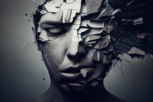 Persona con esquizofrenia tratando de dar sentido a sus pensamientos y voces rotas en su cabeza