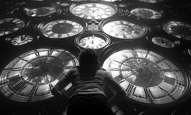 Una persona está acostada en el suelo frente a un gran reloj. El reloj tiene muchas caras y la persona está mirando el reloj.