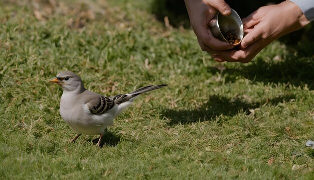 una persona está alimentando a un ave con un pájaro en la mano