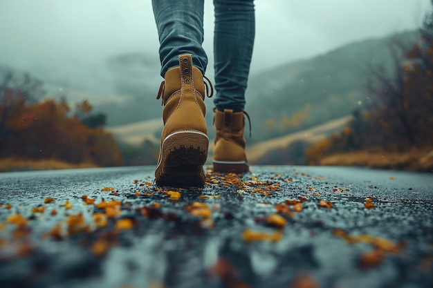 Una persona está caminando por la carretera con un fondo natural