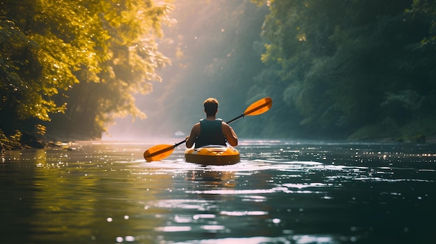 Una persona está en canoa en un río con árboles a ambos lados