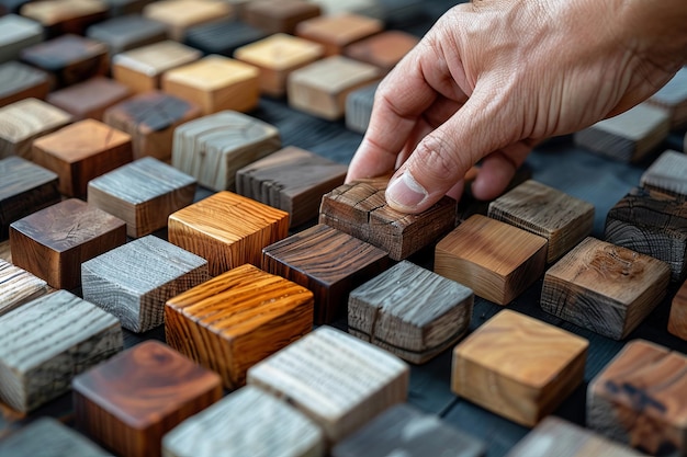 Una persona está colocando un cubo de madera en la parte superior de una mesa