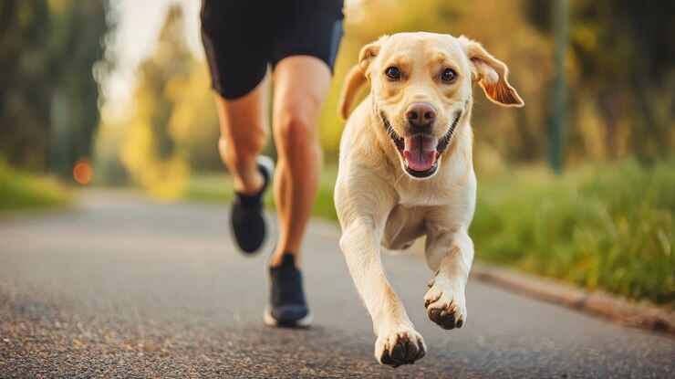 Una persona está corriendo con un perro que está corriendo a su lado feliz, emocionado y disfrutando de la carrera