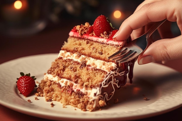 una persona está cortando un pastel con un tenedor y fresas.