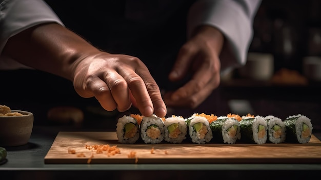 Una persona está cortando sushi en un restaurante.