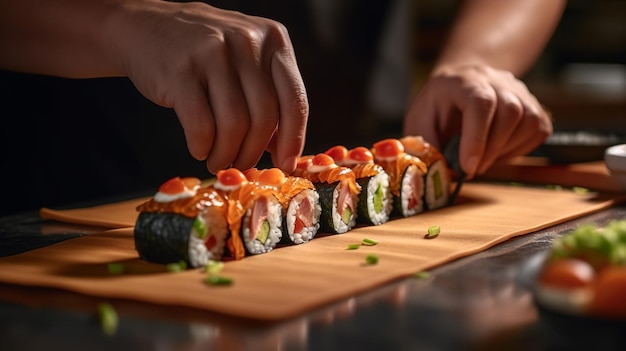 Una persona está cortando sushi con una salsa de tomate roja encima.