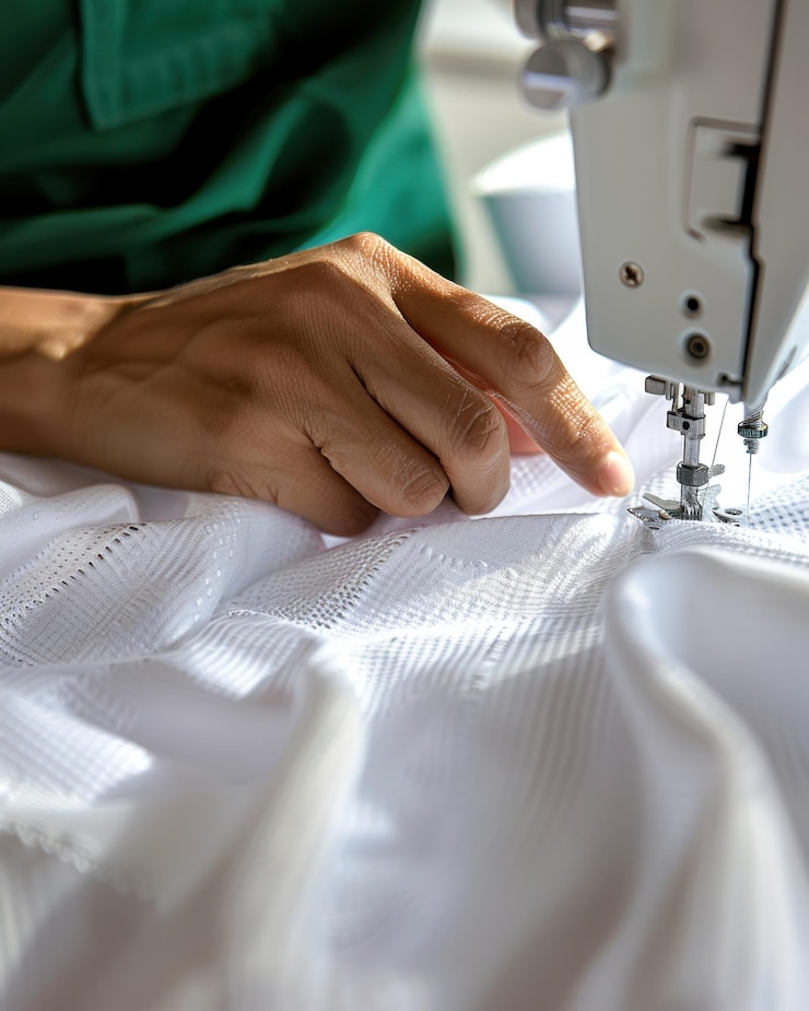 Una persona está cosiendo una pieza de tela con una máquina de coser