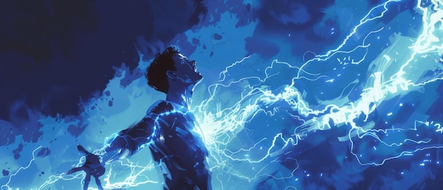 Una persona está envuelta en una intensa energía azul que ilustra un concepto de poder y vitalidad