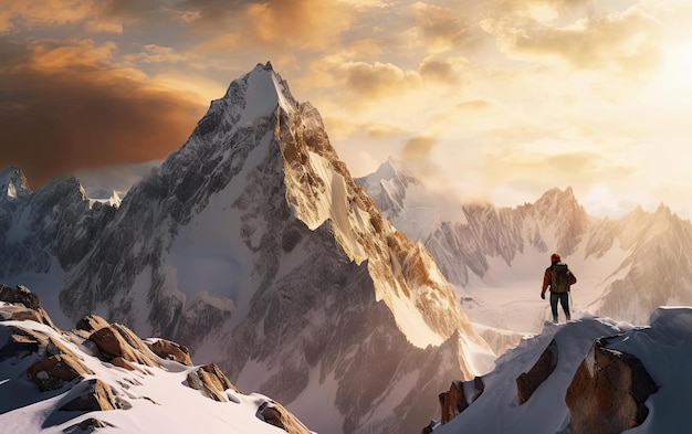 una persona está escalando una montaña cubierta de nieve en el estilo de una foto de National Geographic