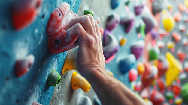 una persona está escalando una pared con un número de rocas de diferentes colores