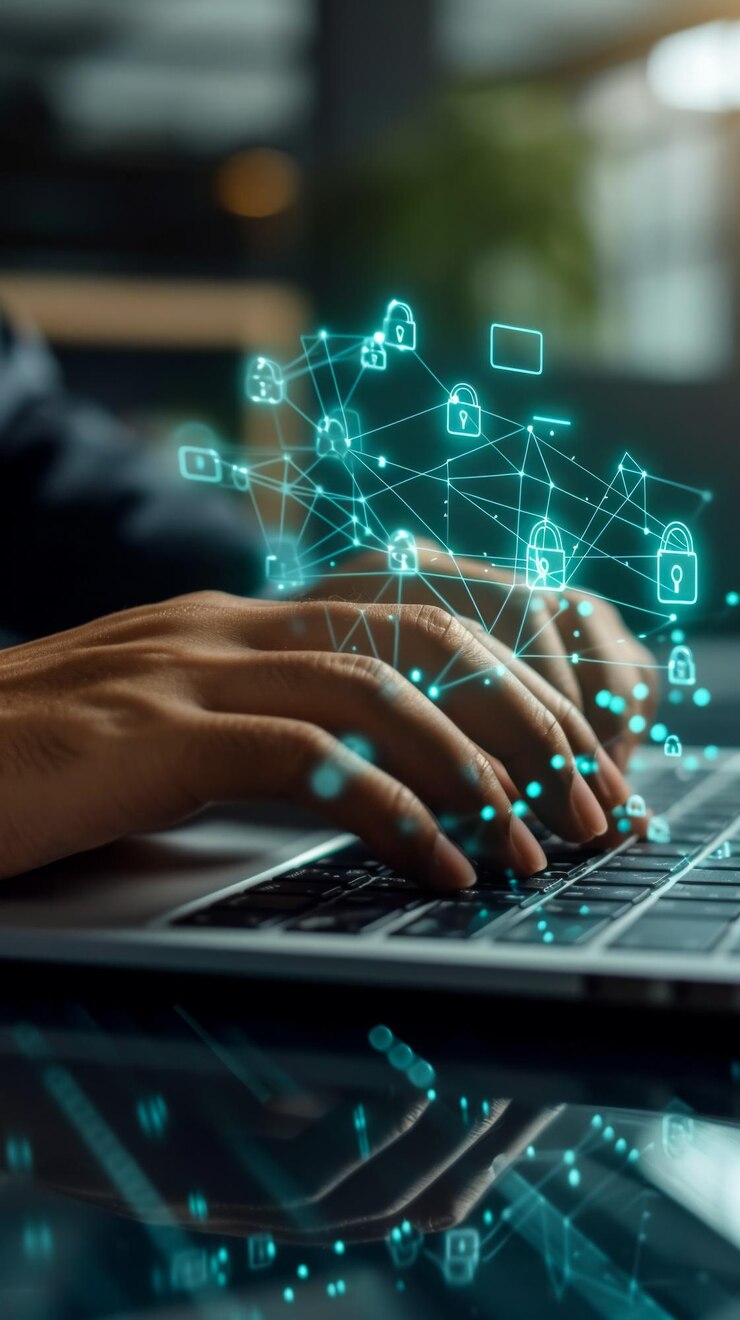 Una persona está escribiendo en una computadora portátil con una pantalla verde que tiene muchas cerraduras en ella