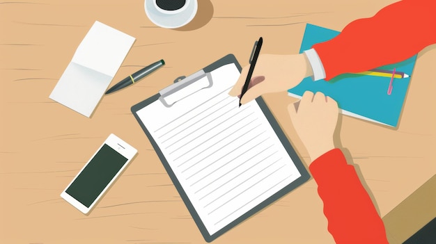 una persona está escribiendo en un cuaderno y escribiendo sobre una mesa
