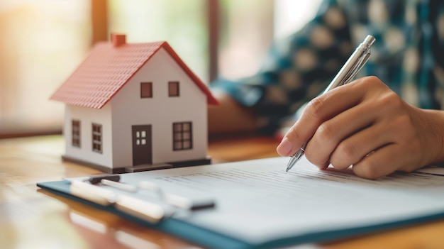 una persona está escribiendo en un pedazo de papel con una casa en él
