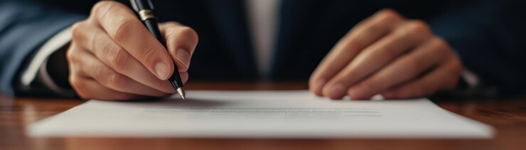 persona está firmando un contrato legal con pluma en una mesa de madera mostrando una atmósfera seria y profesional el enfoque está en las manos y el documento haciendo hincapié en la importancia del acuerdo