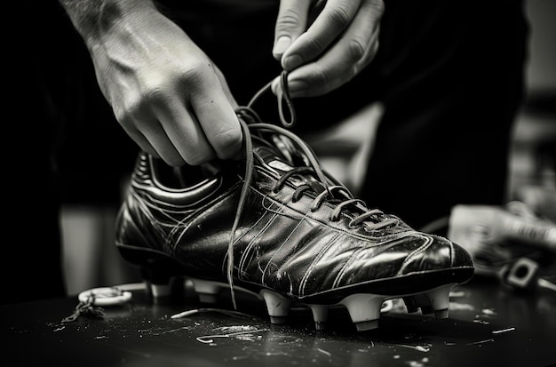 persona está haciendo una tarea de desatar el zapato de fútbol en el estilo de líneas de precisión