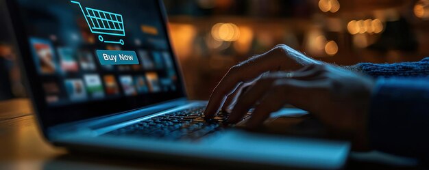 Una persona está involucrada en compras en línea expresando enfoque e intención mientras usa la pantalla de la computadora portátil, muestra el carrito de compras y el botón Comprar ahora