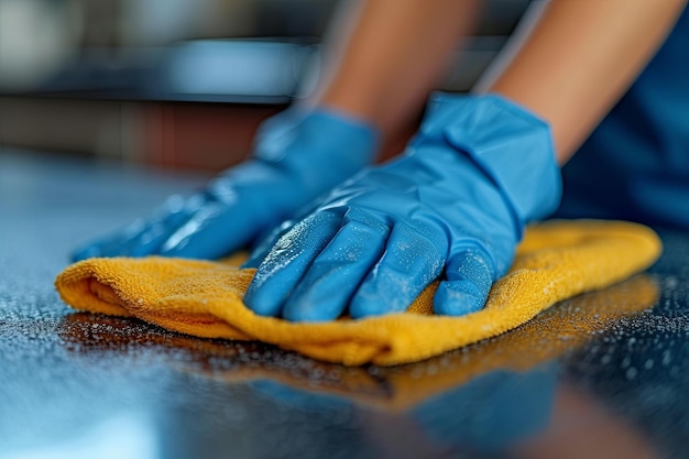 Persona está limpiando una mesa con un paño amarillo en guantes azules Concepto de limpieza y orden