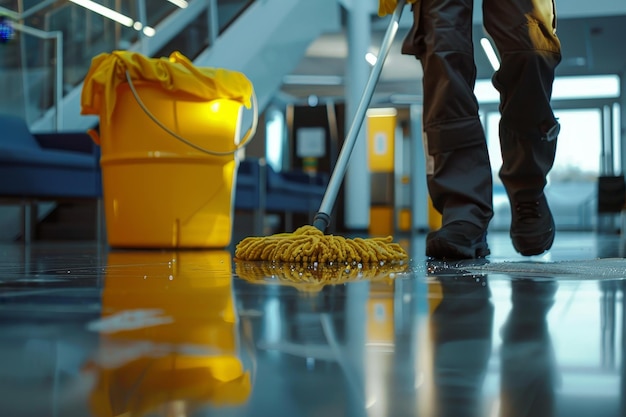 Una persona está limpiando un piso con un cubo y una escoba