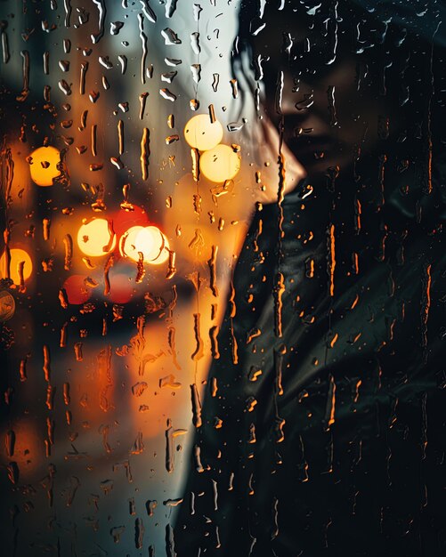 una persona está mirando por una ventana con gotas de lluvia en ella