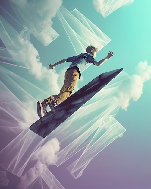 Una persona está montando una tabla de surf en el cielo con un dibujo de una persona en ella.