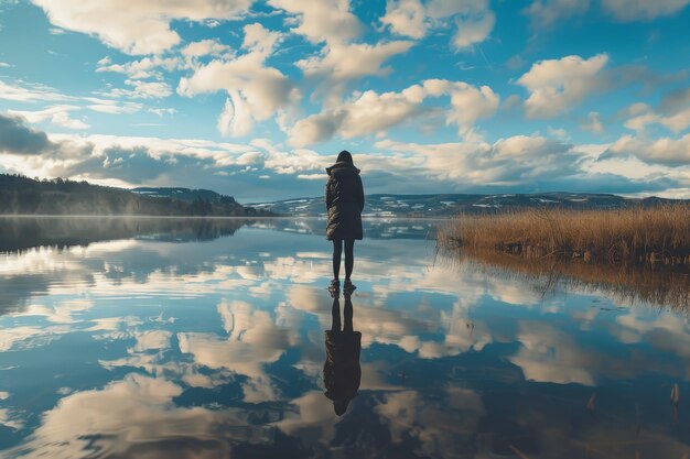 Una persona está de pie en el agua mirando al cielo