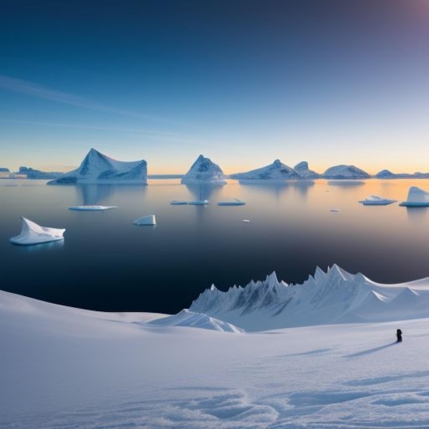 una persona está de pie frente a un iceberg que tiene icebergs en el fondo