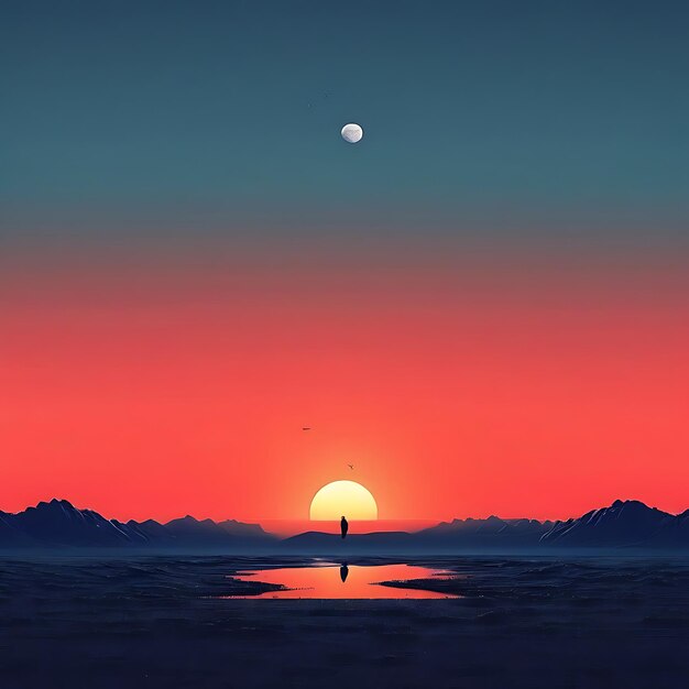 una persona está de pie frente a una puesta de sol con un paracaídas en el cielo