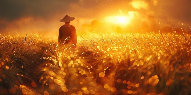 Una persona está de pie en medio del trigo dorado en un campo mientras el sol se pone en el fondo