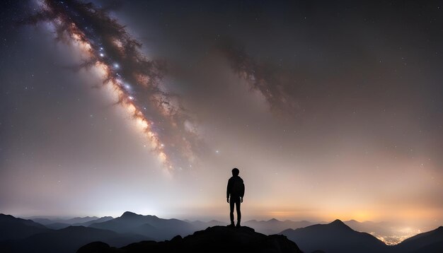 una persona está de pie en una montaña con las estrellas en el cielo