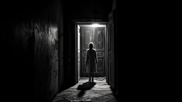 Una persona está de pie en un pasillo oscuro