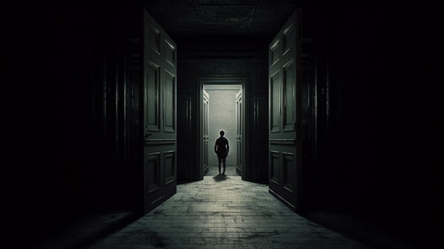Una persona está de pie en un pasillo oscuro
